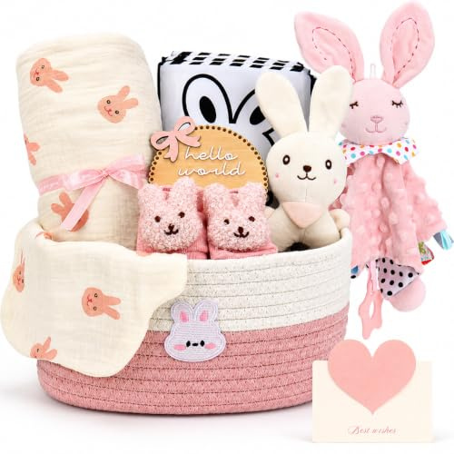 Nyfödd gåva, baby presentkorg, baby presentset för flickor, sensorisk bok, babyfilt, skötstrumpor, skallra, haklapp, milstolskort, baby födsel gåva, baby shower (kanintema)