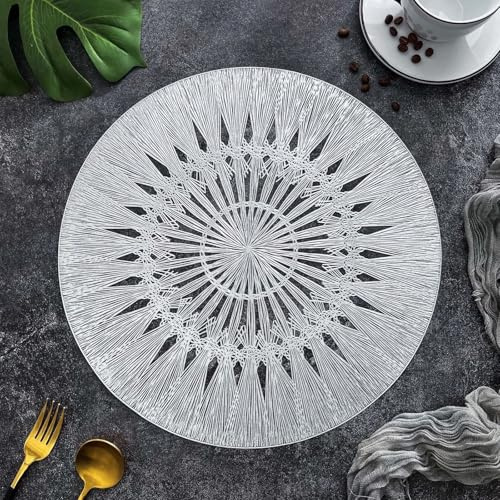 Mantel individual plateado, manteles individuales para mesa de cocina, juego de 10 unidades, tejido circular de flores de PVC, bajoplatos 38 cm