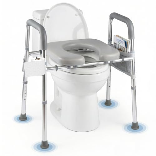 COSTWAY Toilettensitzerhöhung, WC Sitzerhöhung für Senioren, mit Griffen, gepolstertem Sitz, 5-fach höhenverstellbar 41,5-51,5 cm, verstellbare Breite, Aluminium, Erhöhter Toilettensitz, Weiß