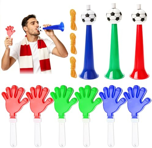 Yooyan Slaghandske, set i 9 delar, 6 klapphänder, 3 stadionröttor med fästrep, jublande fotbollshorn, Vuvuzela & klapperhänder för VM, sportevents & fotbollsfester