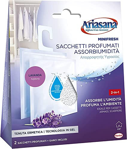 Ariasana Minifresh Relax alla Lavanda Sacchetti profumati 2in1, Sacchetti con doppia azione assorbiumidità e antiodore, Deodorante cassetti e armadi, 2 sacchetti da 50g