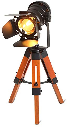 BarcelonaLED LV238 Lámpara de pie vintage con trípode de madera, diseño cine náutica industrial, foco proyector orientable negro, para bombilla E27, 67cm