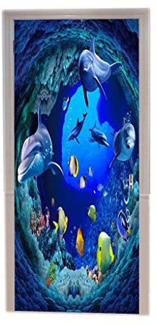 A.Monamour Türtapeten Selbstklebend 3D Unterwasser-Schwimmen Des Delphins Des Blauen Ozeans Gelbes Fische Korallenrote Unterwasserwelt 3D Türtapete Türposter Tapete 77x200cm