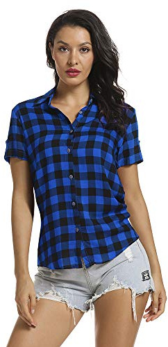 Aeslech Camicia da donna a maniche corte con bottoni e bottoni a quadri estivi, Blu e nero, L