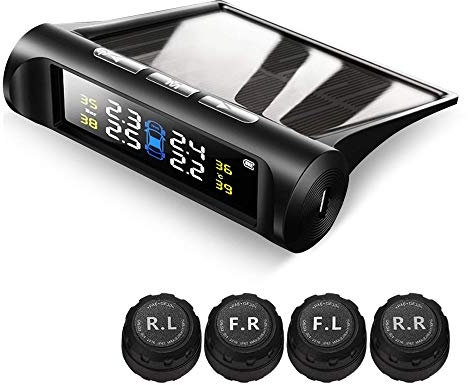 VAOYAO Tire Pressure Monitoring System TPMS, Solar Power Universal Wireless Car Alarm System with 4 External Sensors, LCD Real-time Display 4 Tires' Pressure & Temperature Alerts Ensure Safe Driving