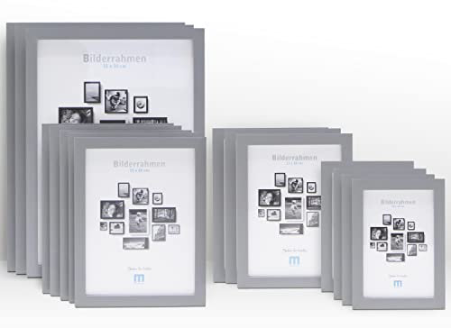 15 tlg. Foto Bilderrahmen-Set in Grau in verschiedenen, unterschiedlichen Größen. Für Fotowände & Bilderwände mit grauen Bilderrahmen, Hochformat & Querformat geeignet. Von 10x15cm bis 21x30cm