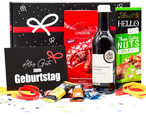 Geburtstag-Geschenkset Wein & Schokolade | Geschenkkorb gefüllt mit Rotwein, Lindt Pralinen & Glückwunsch Karte