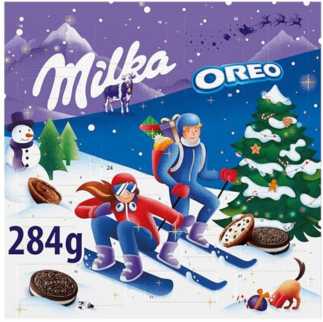 Milka Oreo Calendario de Adviento Chocolate con Leche de los Alpes y Galletas de Cacao, Edición Especial Navidad- 284g