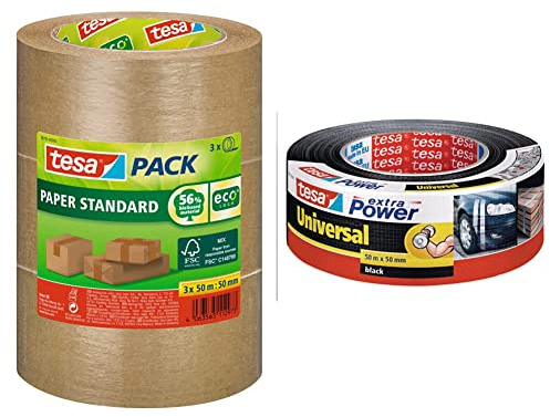 tesa tesapack Papier Standard - Umweltschonendes Paketband aus Papier, Braun - 3x 50 m x 50 mm & extra Power Universal Gewebeband - Gewebeverstärktes Ductape zum Reparieren, Schwarz - 50 m x 50 mm