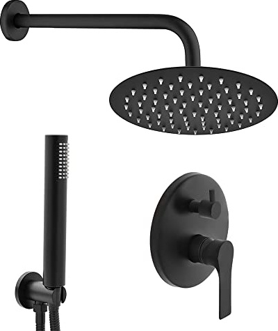 Set Doccia Completo Nero Opaco, Sistema Incasso compreso di Miscelatore con deviatore, soffione e Kit doccetta (Diametro 30 cm, Tondo)