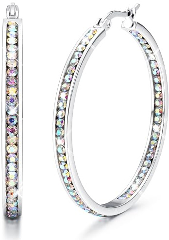 Adramata Örhängen i rostfritt stål dam örhängen kubisk zirkon creoler guldpläterad/roséguld/silver dam 40 mm/50 mm/60 mm, 60mm, Kubisk zirkonia Diamant Silver, Kubisk zirkonia