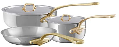 Mauviel M'Cook B 5-Ply Polished Stainless Steel 5-Piece Cookware Set With Brass Handles, Made In France
