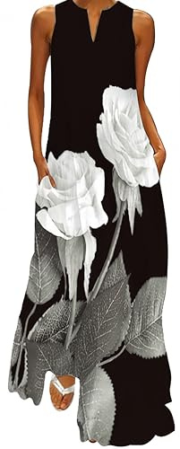 Ocean Plus Damen Ärmelloser Langer Rock V-Ausschnitt Bedrucktes Blumenkleid Ärmelloses Maxikleid mit V-Ausschnitt (XXL, Weiße Rosen)