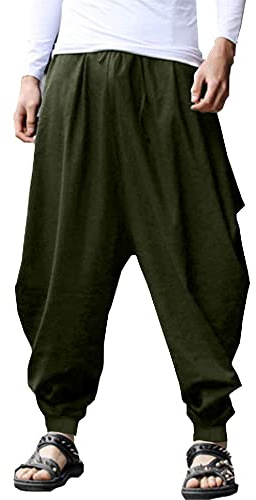 YAOHUOLE Men's Cotton Linen Trousers Baggy Casual Harem Pants Wide Leg Kidoriman Pants Drawstring Pirate Costume Hippie Clothes