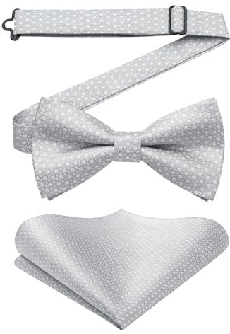 Enlision Fliegen Grau Herren Anzug Fliege mit Einstecktuch Set Hochzeit Formelle Herrenfliege Vorgebunden Verstellbare Smoking Schleife und Taschentuch für Männer