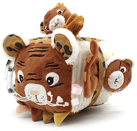 Les DEGLINGOS - Cube d'activités en Tissu Speculos Le Tigre - Jouet d'éveil sonore et Tactile pour bébé - Jouet de développement - Cadeau de Naissance - 12cm - Ocre