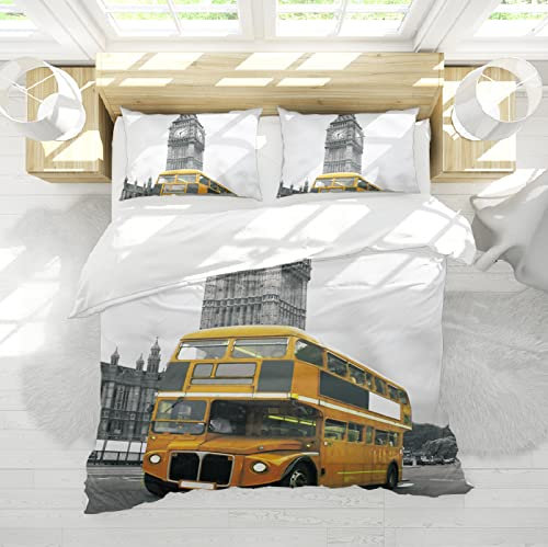 HOBBOY Gelber Bettbezug mit Busmuster und Reißverschluss 4 Eckbänder 2 Kissenbezüge Keine Laken Weich &; Atmungsaktiv 3-teiliges Bettwäsche-Set Weiß Grau 140x200 cm