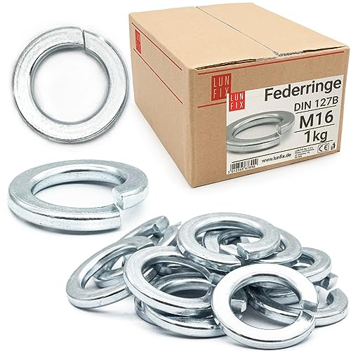 Lun Fix Federringe M16 DIN 127 1 Kg (ca 115 Stk.) Federscheiben | verzinkter Stahl Spiralförmige form B Federsicherungsscheiben mit rechteckigem querschnitt