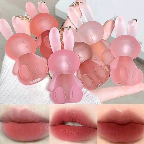 6 Farben Lippenstift Matte Lipstick set,Cute Rabbit Lip Glaze 2 in 1 Key Chain Lip Gloss Lip Stain, Waterproof Non-Stick Cup Long Lasting Lip Clay Cute Lip Makeup