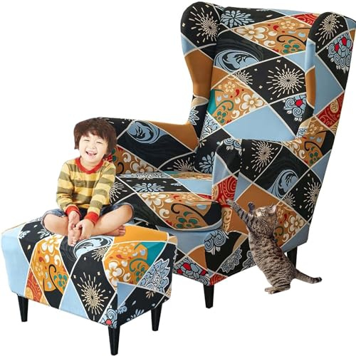 Sesselüberwürfe Elastisch 3-teilig Sesselbezug Ohrensessel Überzug Mit Ottomane Schonbezug Ohrensessel Bezug Bezug Sesselhusse Stretch Husse Für Ohrensessel (Color : #13, Size : Wingback Chair Cover