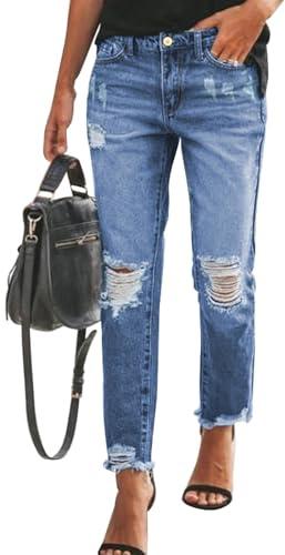 Sidefeel Womens Jeans Zimbaplatinum High Waisted Jeans Distressed Boyfriend Ripped Straight Leg Jeans Fall Fashion Outfits Size 10 Dark Blue