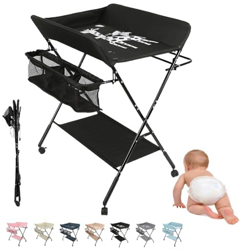 MUL-BOUTIQUE Wickeltisch, faltbar, abnehmbarer Wickeltisch mit Ösen und Aufbewahrungskorb, tragbar, höhenverstellbar, für Babys (Schwarz, 80 x 66 x 98 cm)