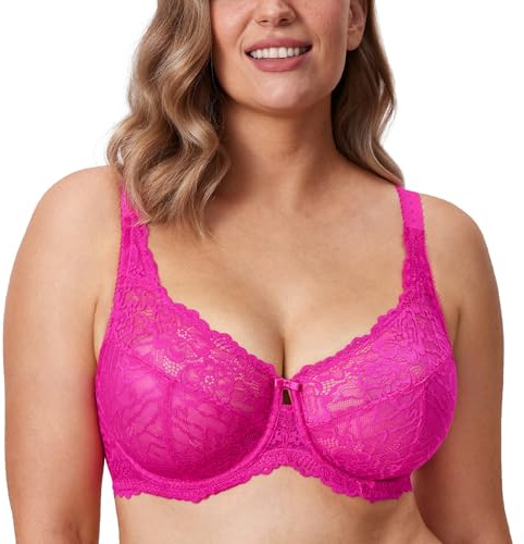 Delimira Women's Plus Size Bra Full Coverage Minimiser Non Padded Lace Underwired Bras Glitter Pink 38H