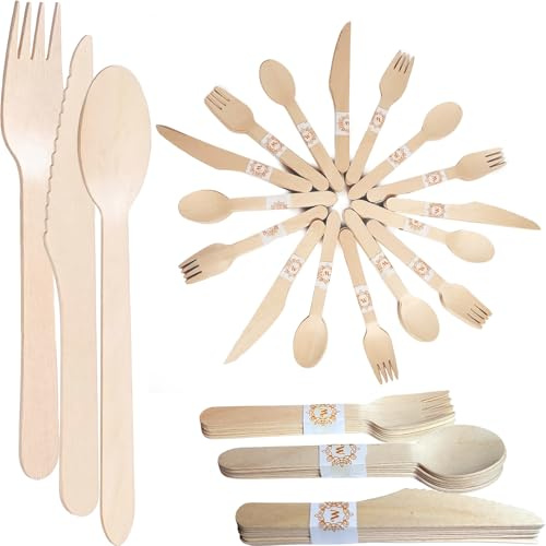 WY8 150 pièces ensemble de couverts jetables en bois 100% bois biodégradable jetable entièrement naturel écologique 50 fourchettes, 50 couteaux, 50 cuillères