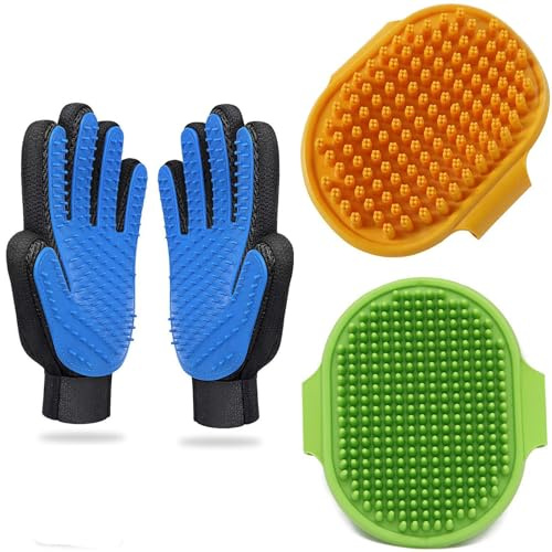 JOANGIHC 3PCS Pet Grooming Kit: Shampoo Massage Gloves, Hair Fur Remover for Bathing, Shedding Brush for Short & Long Fur