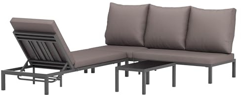 Outsunny Conjunto Modular de Muebles de jardín, Tumbona con colchoneta desenfundable, Estructura de Aluminio, inclinación Regulable en Varias Posiciones + Mesa de Centro de Cristal Templado, Gris