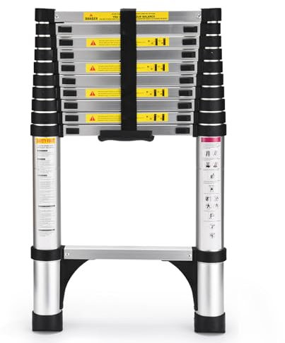 HBTower Scala telescopica da 3,2 metri con piedini antiscivolo, leggera scala pieghevole in alluminio per soppalchi, camper, esterni ed interni, capacità di 150 kg.Argentato