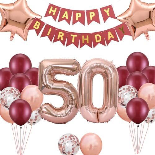 Luftballon 50. Geburtstag Roségold, 50.Geburtstag Deko Frau, Happy Birthday Banner Folienballon Zahl 50 Konfetti Ballon für 50 Jahr Frauen(50.)