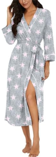 PrinStory Badrockar för kvinnor, lätt kimono, kläder, 3/4 ärmar, damer, morgonrockar, långa nattkläder, ledig, loungewear, basturock, Rosa stjärna, XXL