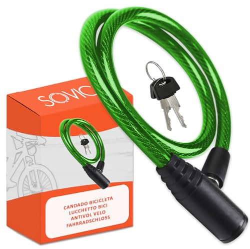 Lucchetto bici cavo in acciaio resistente 60 cm chiusura avanzata con chiave sicuro robusto pratico facile da riporre antifurto bici verde