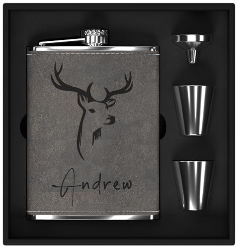 Flachmann Set mit Gravur der Hirsch, Flachmann Edelstahl 8oz/237ml Personalisiert für Geburtstagsgeschenke, Personalisierte Geschenke für Männer Jäger Camper Wanderer (Grau)