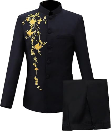 JEShifangjiusu Costume Tunique Chinoise 2 Pièces Uniforme Traditionnelle pour Hommes Ensemble Blazer à Col Ensemble Pantalon Veste Boutonnée Robe de Marié (Le Noir,XL)