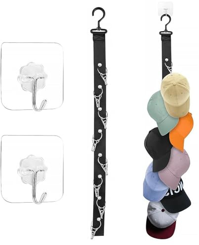 YUNXCNA Cap Halter, 2 Stück Cap Aufbewahrung, Kappenhalter Wand mit 16 Clips, Praktischer Hängender Kappen Organizer für Baskenmütze, Baseballkappe, Sonnenhut, Nylon