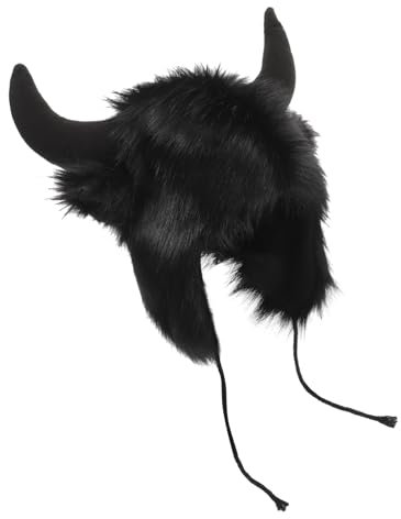 JEWEDECO Lustige Tiermütze Mit Hörnern Warme Plüschige Damen Cosplay Mütze Einheitsgröße Schwarze Hornkappe Für Halloween Und Partys
