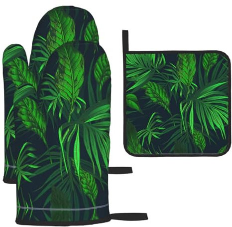 Set di 3 guanti da forno e presine verdi con pianta tropicale natalizia, guanti da forno da cucina, guanti resistenti al calore