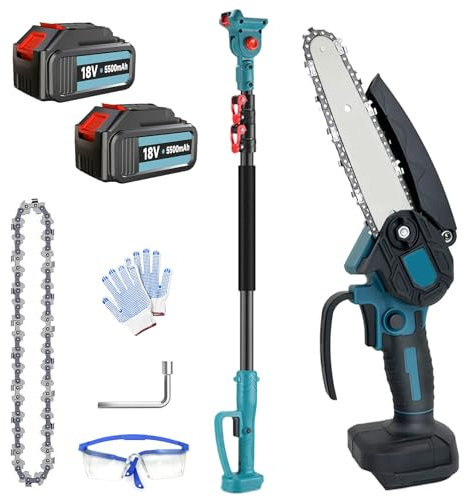 Hochentaster Akku 6 Zoll Mit 2 x 3000mAh Akku, Bürstenlose Teleskop Astsäge, 180° Schwenkbarem Motorkopf Hochentaster elektrisch, Verstellbare Stange bis 1,5M