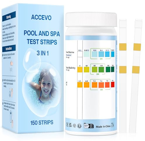 Accevo Hot Tub Test Strips, Kit di test dell'acqua della piscina 3 in 1 per cloro/bromina, pH, alcalinità totale - Strisce di test facili e precise per piscine e spa - 150 strisce