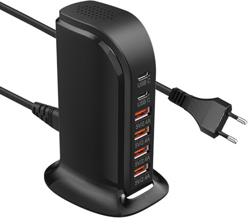 USB Ladegerät Mehrfach, AOUOO 25W mehrere USB Schnellladegeräte, 6 Ports Schnellladegerät 2 C und 4 A Charger für iPhone15/14/13/12 Pro Max iPad, Samsung,Tablet/Kamera..Schwarz