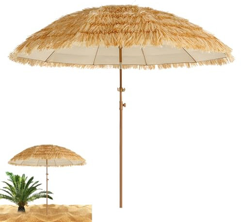ZIHQRgE Ombrellone da Paglia, Ombrellone da Spiaggia in Stile Hawaiano con Inclinazione, 10 Costole, Palo in Legno, Ombrellone per Giardino, Cortile, Bordo Piscina(200cm/6.5ft)