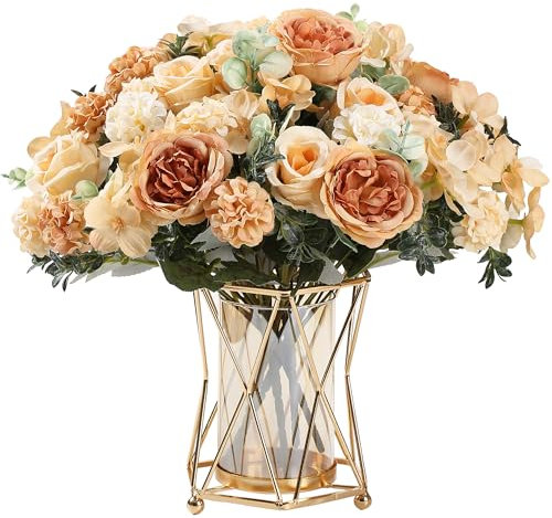 HNVNER 2 Bunches Peony Hydrangea Artificial Flowers, Roses Peonies Silk Flower Bouquet for Wedding Party Centerpiece Home Décor (Champagne)