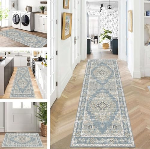 Teppich Läufer Lang Flur Küche rutschfest waschbar Teppichmatten Modern Design Küchenläufer Vintage Grau Blau 120X180cm Küchenteppich Meterware Esszimmer Schlafzimmer Wohnzimmer Schmutzfangmatte