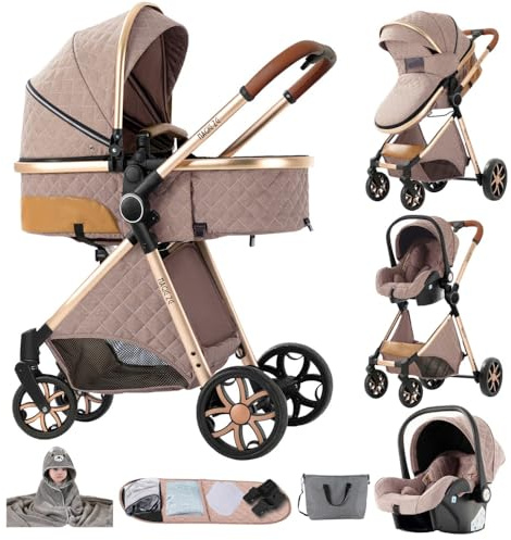 3 in 1 Kinderwagen Khaki, Aluminiumrahmen | umfangreiches Zubehör,Das flexible Verdeck schützt vor Sonne und Wind, Kinderwagen Set