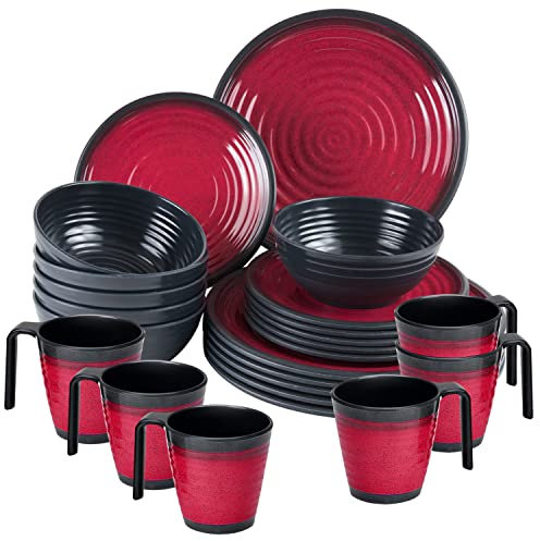 Service de table en mélamine rouge et noir pour 6 personnes, 24 pièces, avec tasses empilables, aspect argile, vaisselle de camping, pique-nique, idéal pour le camping et l'extérieur
