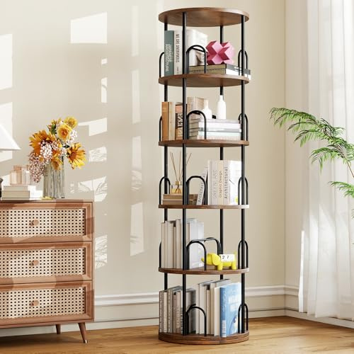 5 Ebenen Drehbares Bücherregal, 360° Bücherregal Drehbar, Rundes Bücherregal Holz, Bodenstehend Bücherregal Schwarz, Bücherregal Schmal, Kleines Regal Hoch für Schlafzimmer, Wohnzimmer, Kinderzimmer