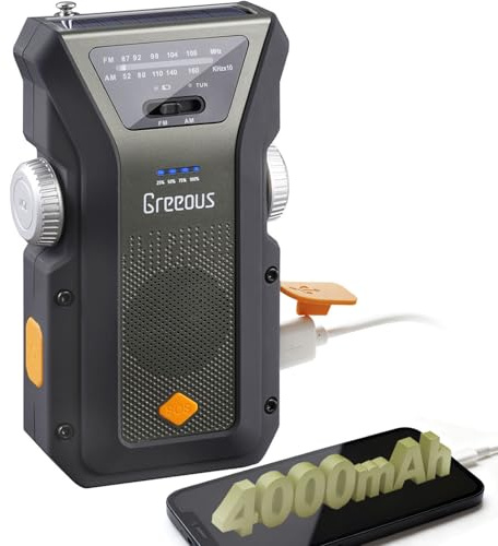 Notfallradio, Kurbelradio mit AM/FM, Greeous 4000 mAh, wiederaufladbar für Handy, LED-Taschenlampe, SOS-Alarm für Camping, Outdoor, Grün