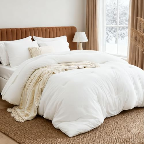 Bedsure California King Size Comforter Set, White Soft Prewashed Bedding for All Seasons, 7 Pieces Warm Winter Down Alternative Bed Set, Fluffy Bed in a Bag with Sheets, Pillowcases & Shams